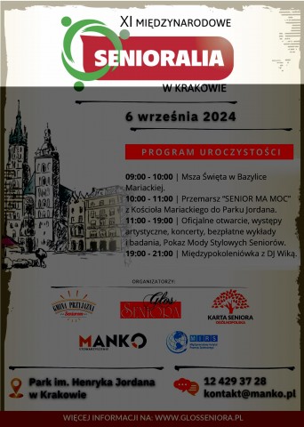 Plakat informacyjny XI Międzynarodowe Senioralia w Krakowie 2024 r.